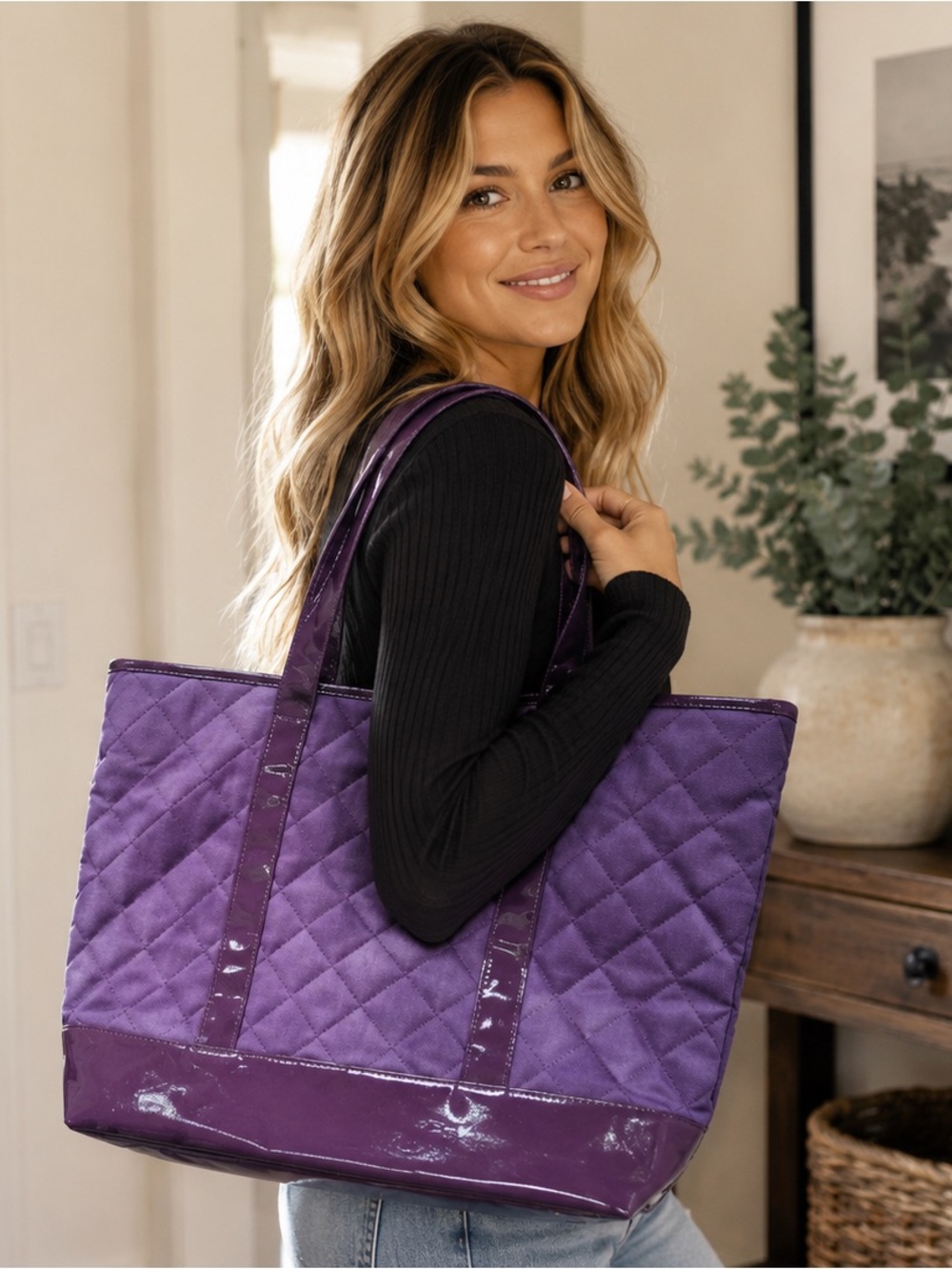 Quilted Purple Tote Bag with Patent Trim - Women